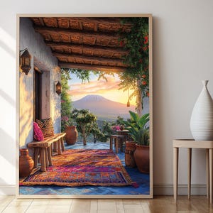Tansanische Dach Terrasse Kunstdruck, Kanga Textil Dekor Poster, Baobab Pflanzen Illustration