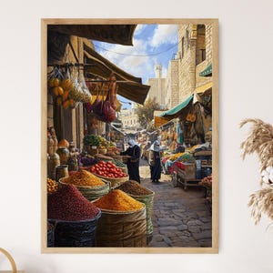 May include: A painting of a bustling outdoor market in a Middle Eastern city. The scene is filled with colorful fruits, vegetables, and spices. People are shopping and vendors are selling their wares. The painting is framed in a wooden frame.