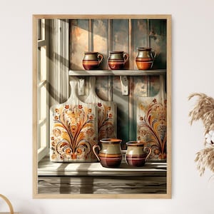 May include: A framed print featuring a rustic kitchen scene. It showcases wooden cutting boards with ornate floral designs, and several ceramic mugs with brown and orange tones. The background includes a window and wooden shelves.