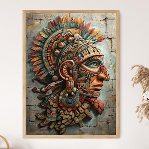 Stampa artistica del soldato azteco, intricato disegno culturale, decorazione da parete per ufficio, premuroso regalo di arte etnica
