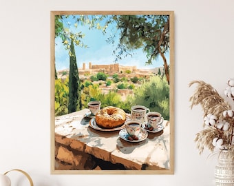 May include: A painting of a stone building with a view of a valley and a table with coffee cups and a donut. The table is made of stone and has a rustic look. The coffee cups are white with a floral design. The donut is glazed and has a light brown color.