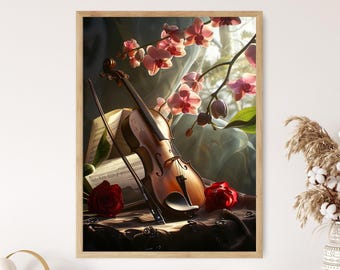 Violin with Orchids and Roses Art Print, Elegant Floral Music Decor