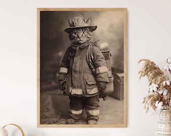 May include: A black and white photograph of a cat dressed as a firefighter. The cat is wearing a firefighter's helmet and jacket, and is carrying a fire hose on its back. The cat is looking directly at the camera.