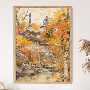 Peaceful Scene of a Japanese Temple, Inspired by Toshi Yoshida&#39;s Detailed Art