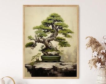 Serene Bonsai Tree Illustration, Detailed Nature Art Print