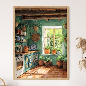 May include: A framed watercolor painting of a kitchen scene. The kitchen features a teal-colored wall, wooden cabinets with floral designs, and a window overlooking greenery. Terra cotta pots with plants are placed throughout the kitchen.