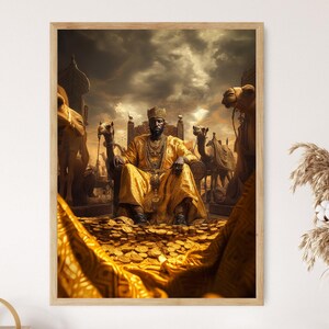 May include: A black man wearing a gold crown and robe sits on a throne surrounded by camels. He is holding a staff in his right hand. The background is a dark, cloudy sky with a city in the distance.
