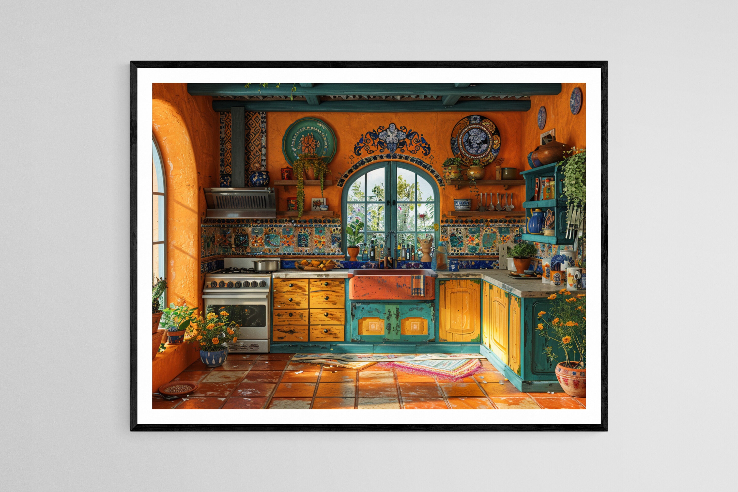 メキシコのキッチンアート、活気に満ちたカラフルな伝統的なシーン