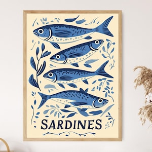Vintage Sardines Art Print, Blue Nautical Fish Illustration, Coastal Kitchen Decor