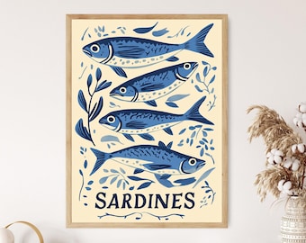 Vintage Sardines Art Print, Blue Nautical Fish Illustration, Coastal Kitchen Decor