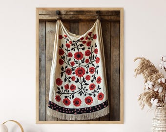 Afghan Suzani Textile Art Print, Floral and Pomegranate Poster, Traditional Embroidery Decor
