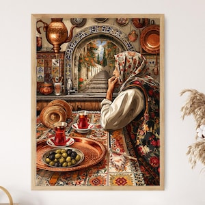 May include: A framed print depicts a woman in traditional attire gazing out a window. A copper tray holds olives and tea cups. The scene includes a copper tea pot, decorative plates, and a view of a stone pathway.