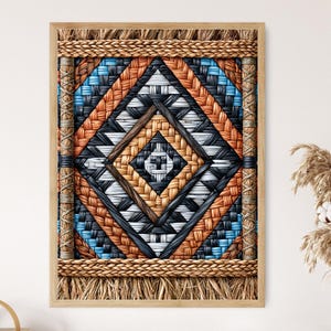 May include: A framed woven wall art piece with a geometric design. The artwork features a diamond-shaped pattern in shades of brown, black, white, and blue. The frame is made of light brown wood, and the piece has a textured, natural appearance.