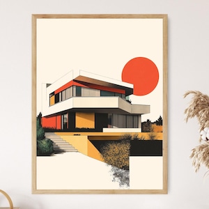 May include: A minimalist illustration of a modern house with a red sun in the background. The house is white with red, yellow, and green accents. The illustration is set against a white background.