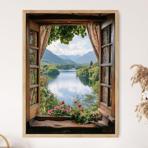 Impresión artística con vista desde una ventana abierta al parque nacional de Killarney, póster de decoración de naturaleza irlandesa