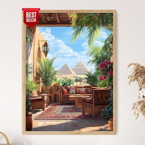 Egyptisk uteplatskonsttryck: Kelimmatta, mässingslykta, pyramiden i Giza