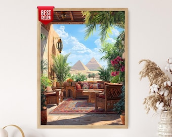 Egyptian Patio Art Print: Kilim Rug, Brass Lantern, Pyramid of Giza