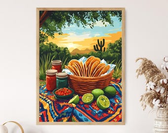 Mexican Picnic Basket Art Print, Traditional Tacos Scene, Otomi