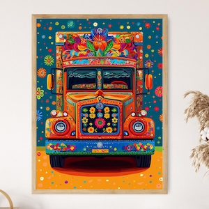 May include: A colourful print of a truck, decorated with intricate floral patterns and designs. The truck is painted in shades of orange, blue, and green, with a detailed floral arrangement on top. The artwork is framed in a wooden border.
