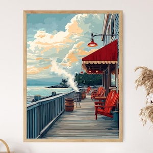 May include: A painting of a red awning over a wooden deck with red chairs and a view of the ocean. The sky is blue with white clouds and there is a wooden barrel on the deck.