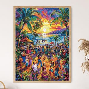 May include: A framed, vibrant painting depicts a tropical beach scene at sunset. Palm trees frame a lively gathering of people dancing and playing music. The artwork features bright colors, capturing the warmth and energy of a beach party.