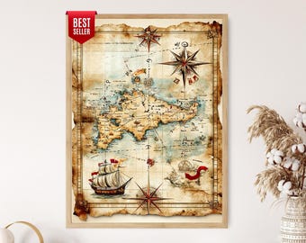 Vintage Pirate Treasure Map Print: Nautical Adventure Art