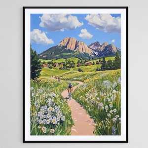 Boulder Colorado Art Print, Flatirons and Cyclists in Summer