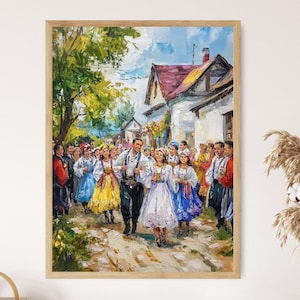 Pode incluir: Pintura a óleo emoldurada que retrata uma procissão festiva de pessoas em trajes tradicionais. A cena se passa em uma rua de paralelepípedos com edifícios ao fundo. A pintura apresenta cores vibrantes, capturando uma celebração alegre.