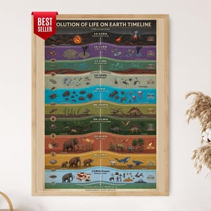 Peut inclure: Une affiche encadrée intitulée "Evolution de la vie sur la Terre Timeline" avec une étiquette "Meilleur vendeur". L'affiche présente une chronologie colorée de l'évolution de la vie, de la Terre primitive à nos jours, avec des illustrations.