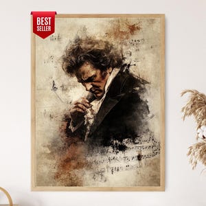 Stampa artistica di Beethoven: ritratto del compositore classico con note musicali