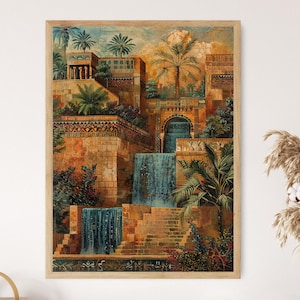 Peut inclure: Une impression d'art encadrée représentant une cité antique avec des cascades et une végétation luxuriante. L'œuvre utilise des tons chauds de brun, d'orange et de vert, avec une illustration détaillée de bâtiments, de palmiers et d'eau en cascade. L'impression est dans un cadre en bois.