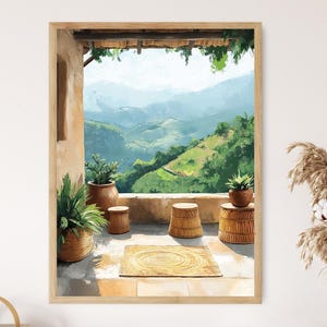 Rwandan Rooftop Patio Art Print, Agaseke Basket Decor Poster, Wooden Stool Illustration