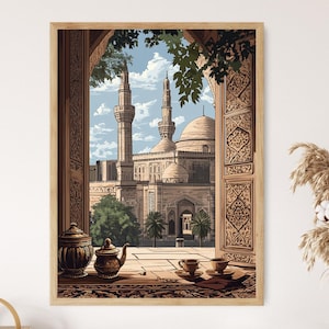 Illustration med historiska motiv i Homs, Khalid Ibn al-Walid-moskén, islamisk syrisk konst