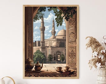 May include: A framed illustration of a mosque with two minarets, viewed through an ornate doorway. The mosque is made of light brown stone and has a domed roof. The doorway is decorated with intricate carvings. There are two teapots and two teacups on a table in the foreground.