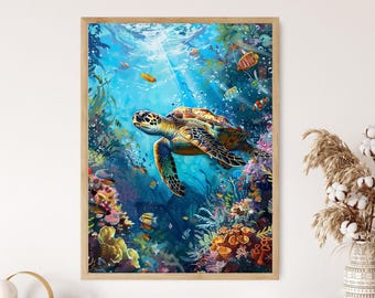 ハワイのホヌウミガメの絵画、鮮やかなサンゴ礁のアートプリント、水中