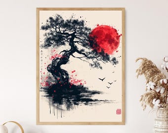 Bonsai Tree and Moon, Chinese Ink Style Art Print