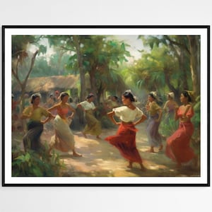 May include: A painting depicting a group of women in colorful dresses dancing in a lush green forest setting. The women are smiling and appear to be enjoying themselves. The painting is done in a realistic style with vibrant colors.