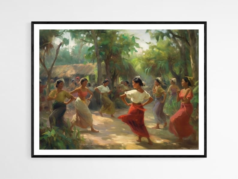 May include: A painting depicting a group of women in colorful dresses dancing in a lush green forest setting. The women are smiling and appear to be enjoying themselves. The painting is done in a realistic style with vibrant colors.