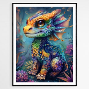 Adorable impresión de arte de dragón Kawaii, encantadora decoración de pared ilustrada, ideal para la habitación de los niños, regalo único de baby shower