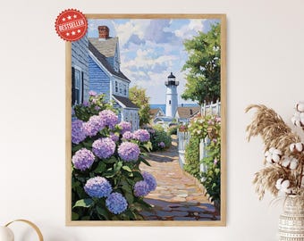 Nantucket Massachusetts Art Print, Lighthouse and Hydrangeas
