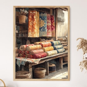 May include: A watercolour painting depicting a shop selling rolled rugs and hanging textiles. The rugs are in various colours and patterns, stacked on a wooden table. Woven baskets and a rustic aesthetic complete the scene.