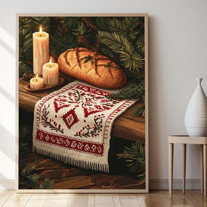 Ukrainian Rushnyk Illustration, Embroidered Cloth Ornament Art Print