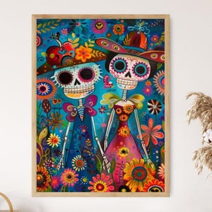 Dia de los Muertos Art Print, kleurrijke suikerschedel kunst aan de muur, decor Halloween feest, feestelijk vakantiecadeau