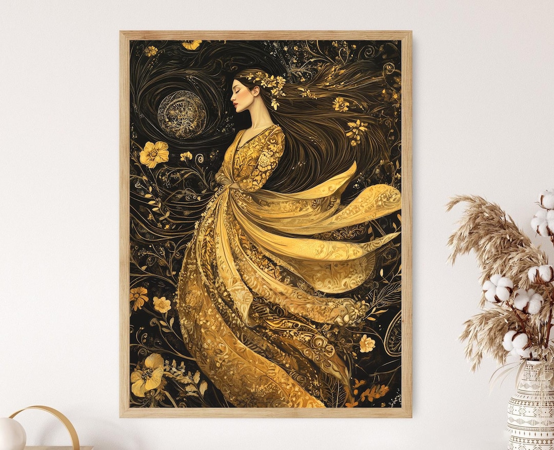 Gustav Klimt Inspired Art Print, Woman in Gold Robe, Decorative Floral ...