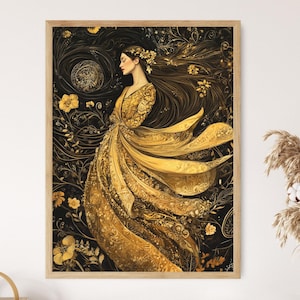 Gustav Klimt Inspired Art Print, Woman in Gold Robe, Decorative Floral Patterns