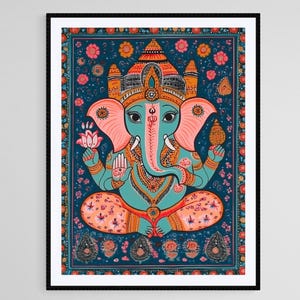 May include: A colorful illustration of the Hindu deity Ganesha, depicted with a blue body, pink ears, and a yellow trunk. He is seated with his legs crossed, holding a lotus flower in one hand and a conch shell in the other. The background is a dark blue with intricate floral patterns in shades of pink, orange, and yellow.