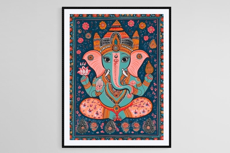 May include: A colorful illustration of the Hindu deity Ganesha, depicted with a blue body, pink ears, and a yellow trunk. He is seated with his legs crossed, holding a lotus flower in one hand and a conch shell in the other. The background is a dark blue with intricate floral patterns in shades of pink, orange, and yellow.