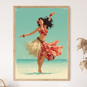 May include: A framed print of a woman dancing on a beach. She wears a red floral top and skirt, with a tan grass skirt. The background is a light blue sky and ocean. The artwork has a vintage, retro style.