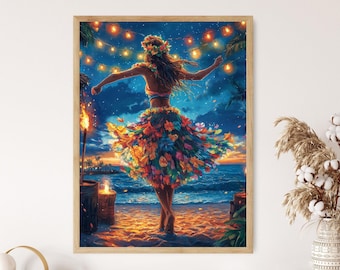 フラダンス　ハワイ　絵画　絵　水彩画　インテリア　ポスター ハワイアンフラダンサーアートプリント、鮮やかなトロピカルな壁