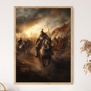 Lámina de la batalla de Genghis Khan, Imperio mongol, guerrero a caballo, decoración histórica